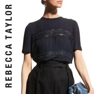 NWT REBECCA TAYLOR Lace Stripe Silk Top In Dark Navy Size XS